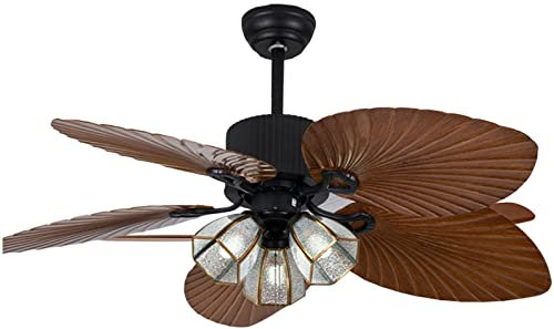 American Style Retro Ceiling Fan Light ABS Palm Leaf Silent Fan Light 5 Glass Shade with Remote Control with Monochromatic Light Source Bedroom Kitchen
