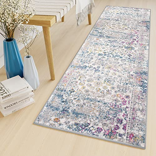 TAPISO Lazur Teppich Läufer Meterware Kurzflor Flur Wohnzimmer Modern Blau Rosa Lila Creme Grau Gelb Bunt Blumen Meliert ÖKOTEX 100 x 250 cm