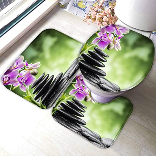 Zifarm Badematte rutschfeste 50x80 cm Stein Zen Badvorleger-Set 3D Grün Bambus Orchidee Mikrofaser Flanell Absorbierend Badematten Set U-Förmige Matte 3 Teiliges WC Vorleger Badezimmer Set
