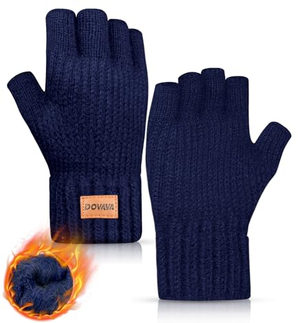 DOVAVA Handschuhe Fingerlos Herren Damen,Winterhandschuhe Touchscreen,Thermo Halbfinger Strickhandschuhe mit Weichem Innenfutter für Camping Wandern Running Sport(Marineblau