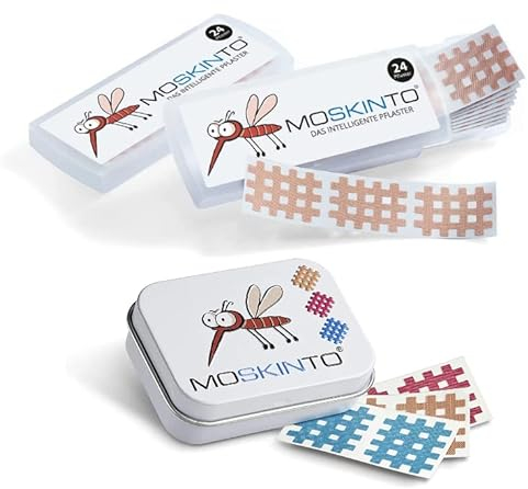 MOSKINTO Mückenpflaster 24 Stück + Familienpackung mit 42 bunten Pflaster in der Dose Juckreiz, Stechmücken, Bremsen, Bienen, Schnacken, Mückenstiche, Bite, Stichheiler, für Kinder und Erwachsene
