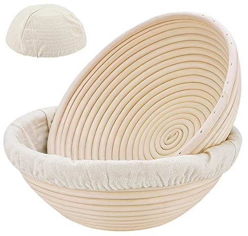 SnailDigit Banneton Brotgärkörbe, 2 Stück, 21,6 cm, runde Rattan-Brotschalen mit Leineneinsätzen für handwerkliche Sauerteig-Brotherstellung zu Hause oder professionelle Bäcker