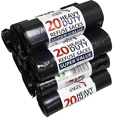 ANGIX 200 Black Bin Liners Heavy Duty Refuse Sacks Bin Bag Rolls 50L Strong Thick Rubbish Bags for Kitchen, Office, Restaurant, Outdoor Waste & Everyday Use