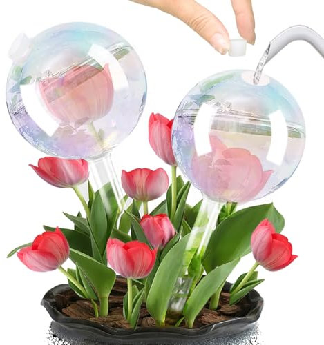 E-feilai Glas Gießkugeln, Automatische Bewässerungskugel Bunt,Wasserspender Pflanzen, Wasserstandsanzeiger,Selbstbewässernde Glühbirne, Glasbewässerungsstab (2 Stuck)