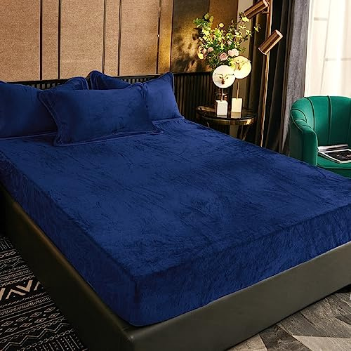 Luofanfei Winter Plüsch Spannbettlaken 160x200cm Boxspringbett Samt Blau Dunkelblau Warm Kuschel Frottee Bettlaken Spannbetttuch Uni Muster Spannbetttücher für Hohe Matratze Steghöhe 25-30cm