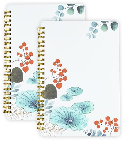 Notizbuch A5 Ringbuch-2 Pack,Spiralbindung Notizblock-160 Seiten,100 g/m²Tintenfestes Papier,Hardcover Collegeblock Notizblock mit Taschen,Elastisch für Tagebuch für Erwachsene&Bullet Journal(Lotus)