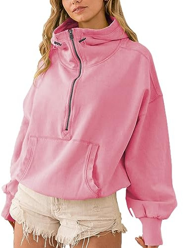 LIAOPUFUS Donna Felpa Sportiva con Cappuccio Tempo Libero Y2K Top Trendsetter di Strada Felpa Corto Lunghezza Vita con Tasche Cerniera(M,2 Pink)