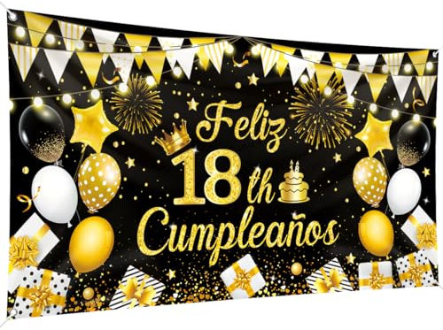 Pancarta fondo Feliz Cumpleaños 200 x 110 cm, tamaño grande, pancarta feliz cumpleaños, pancarta fondo negro y dorado, suministros decoración fiesta cumpleaños, celebración fiesta cumpleaños (18th)