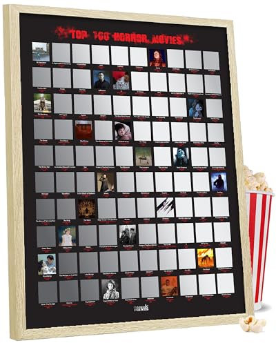 Gerahmtes Top 100 Horrorfilm-Poster zum Rubbeln – Horror-Film-Poster – atemberaubendes Kunstwerk von Hand – Horror-Merch-Geschenk für Horrorfilm-Liebhaber – Gruselfilm-Poster – Horror-Poster (gerahmt,