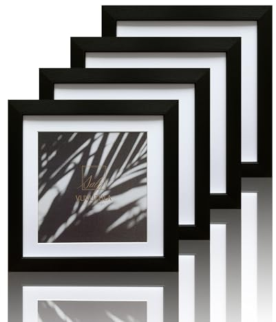 VUVUZULA Quadratischer Bilderrahmen mit Passepartout für 15,2 x 15,2 cm große Fotos mit Echtglas für Wand, 20,3 x 20,3 cm, Schwarz, 4 Stück