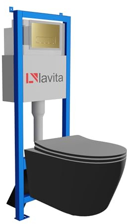 Lavita LAV 101 Vorwandelement für WC 40cm + Wand Hänge Tiefspül WC PRAIA Schwarz Spülrandlos + Bedienplatte LAV 200.3.5 Gold | Komplettset | Unterputz Spülkasten | Toilette Komplett Sett