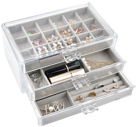 LANSKYLAN Jewellery Schmuckkästchen aus Acryl Schmuckschatulle mit 5 Schubladen Samt Schmuckkasten Schmuckaufbewahrung Damen Transparentes Schmuckbeutel Set für Schmuck Ohrringe Ringe Halsketten