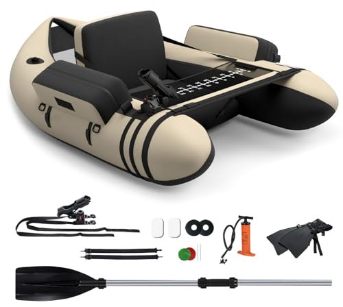 COSTWAY Inflatable Fishing Float Tube, Fishing Boat with Pump, Adjustable Straps, Paddle, Pockets, Fish Ruler, Rod Holder & Flippers, 150kg Capacity Adult Belly Boat (Beige+Black, 135x110x54cm)