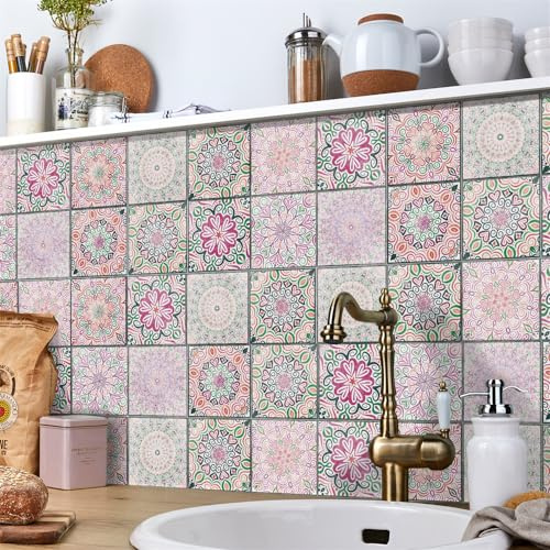 Fliesenaufkleber Rosa Grün Mandala Mosaikfliesen Vinyl Klebefliesen Wohndekoration Fliesenaufkleber Bad Wasserdicht Fliesenaufkleber Küche Ölfest Fliesenfolie 24 Stück/10x10cm