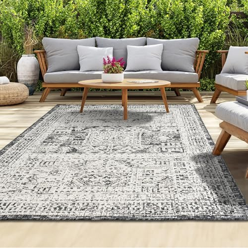homeart Outdoor Rug - Easy-Clean, Durable, Stain-Resistant, Weather & UV Resistant Indoor & Outdoor Rugs for Porch, Deck, Balcony, Garden, Picnic and Patio | Vintage Black, Cream - 120x170cm