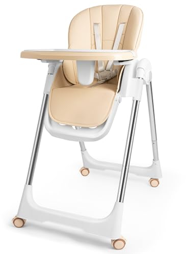 Kidsbuddy Hochstuhl Baby,Kinderhochstuhl Klappbar Baby mit Sicherheitsgurt,Tablett,Fußstütze,Liegefunktion,Einfach zu Reinigen,Babystuhl,Baby Essen Stuhl,Kinderstuhl ab 6 Monate bis 6 Jahre,Beige