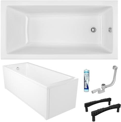 ECOLAM Badewanne Wave 160x80 cm + Schürze | moderne breite Wanne Rechteck Top QUALITÄT Acrylwanne I Ablaufgarnitur Füße Silikon Komplett-Set Design