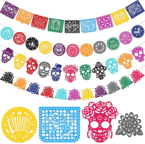 HOWAF 42PCS Dia De Los Muertos Deko, Halloween Banner Tag der Toten Banner Filz Dia De Los Muertos Girlande Mexiko Mexikanische Deko für Cinco De Mayo, Tag der Toten Deko, Halloween Deko, B