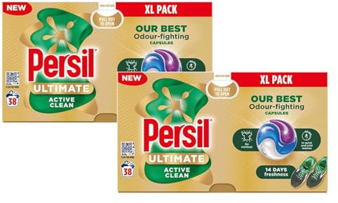 Persil XL Ultimate Washing Capsules Outstanding Stain Removal Even in Quick and Cold Washes Uplifting Comfort Fragrance Recyclable Plastic-Free Packaging, 38 Washes (Buy 2, Active Clean)