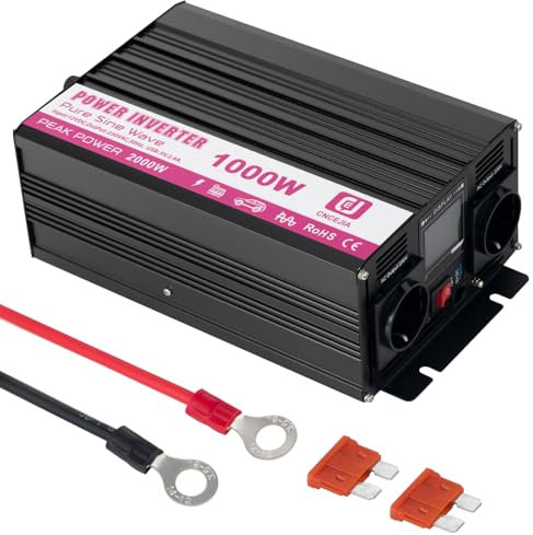 CNCEJIA 1000W Wechselrichter 12v auf 230v Spannungswandler Reiner Sinus Wechselrichter mit USB Anschlüsse und LCD Bildschirm für Haushaltsgeräte Auto Wohnmobil
