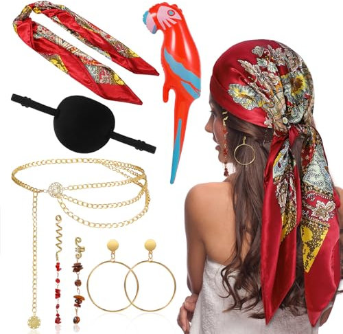 HOWAF Piratenkostüm Damen, Piraten Kopftuch, Augenklappe Pirat, Taillenkette, Haarschmuck Pirat, Ohrringe, Aufblasbare Papagei für Piraten Kostüm, Halloween Karneval Fasching Kostüm