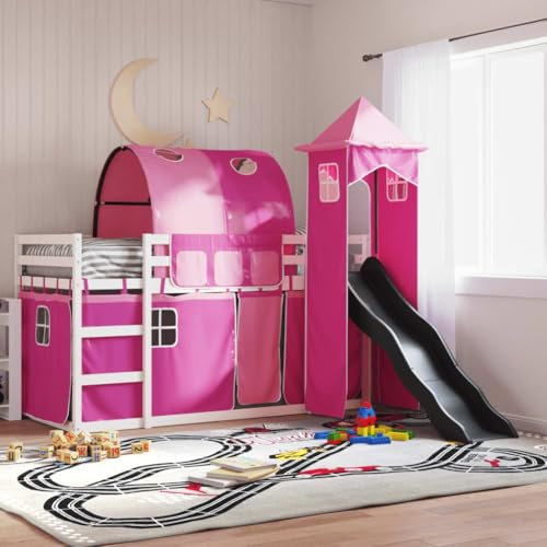 Gecheer Struttura,Letto,a Soppalco,Castello,per Bambini,in Legno di Pino,Bianco,con Scivolo,Tunnele e Tende,Rosa,90x190 cm,Letto per Bambini,Letto per Cameretta,Letto con Scivolo