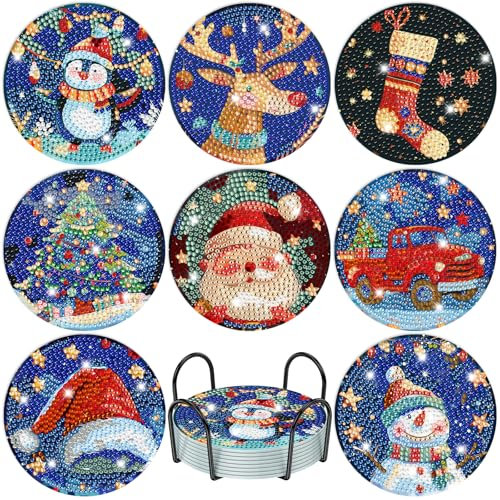 DOMROM Lot de 8 dessous de verre avec support pour peinture diamant - Kit de Noël 5D pour l'hiver et la neige