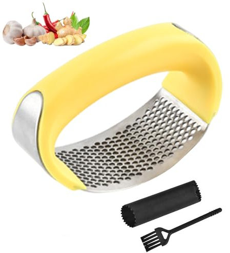 Garlic Press Garlic Crusher Kitchen Garlic Rocker 304 Food Grade Stainless Steel Ginger Crusher with Cleaning Brush & Silicone Garlic Peeler (Yellow)