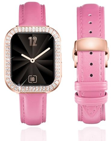 BINLUN Leather Strap Compatible with Apple Watch 45mm 44mm 41mm 40mm Women Leather Band with Glitter Diamond Rhinestone Case Compatible with iWatch Series 9/8/7/SE2/SE/6/5/4(45mm, Rose)