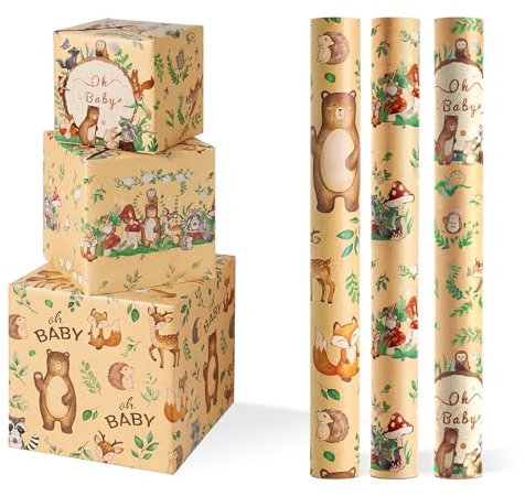 WERNNSAI Baby Kraft Wrapping Paper Roll - 3 Rolls Baby Shower Wrapping Paper Forest Animals Kraft Gift Wrap Decoration Leaves Animal Wrapping Paper New Born Baby Birthday Favor 17’’ x 120’’