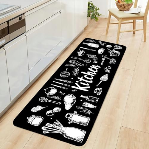 Alishomtll Läufer Flur Teppich rutschfest 60x180cm Küchenläufer Anti-Rutsch Waschbar Schmutzabweisend Saugfähig Läufer Modern Küchenteppich Pflegeleicht Flurläufer für Küche Innen Wohnraum, Schwarz