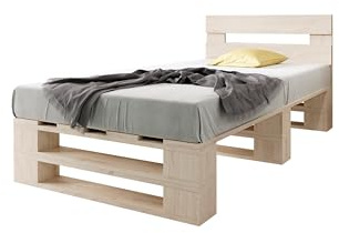 Lermowood Palettenbett M2 aus Holz 120 x 200 cm Natur mit Kopfteil Holzbett 40cm Stabiles Seniorenbett Kinderbett Jugendbett Gästebett erhöhtes Einzelbett Bettgestell Futonbett Komforthöhe Naturholz