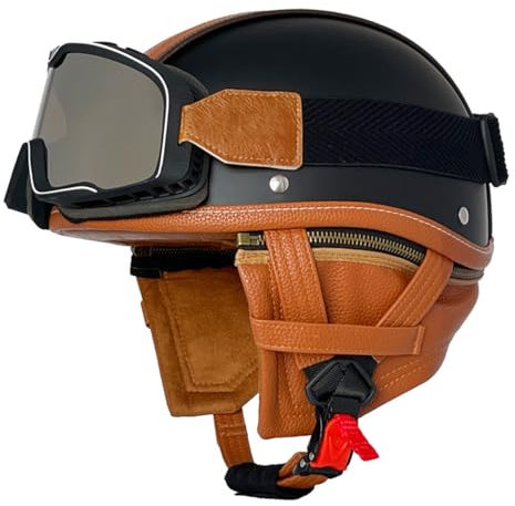 Retro Oldtimer Halbschale Jethelm Brain-Cap Motorrad-Helm DOTECE-Zulassung Rollerhelm Cruiser Chopper Motorradhelm Halbschalenhelm Mit Brille Offener Helm Für Damen Herren 3,XXL:63-64CM