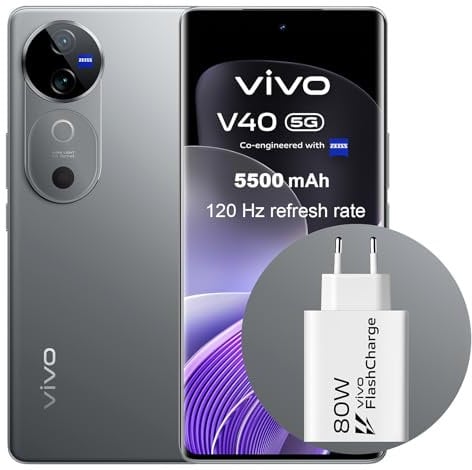VIVO V40 5G Smartphone 12GB RAM 512GB ROM,120Hz 6.78 AMOLED, 5500mAh Batería,Cámara Principal de ZEISS 50MP,Snapdragon 7 Gen 3, IP68, Dual Sim, NFC, Android 14,Plateado(con Cargador 80W)