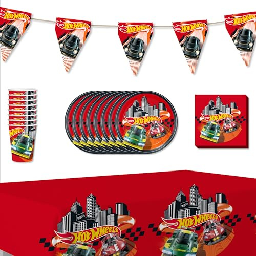 Anila's Party Set Hot Wheels, 38-Piece Set, Plates, Cups, Napkins, Disposable Tableware, Tableware Set
