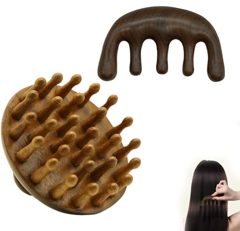 Lot de 2 brosses relaxantes pour le cuir chevelu, masseur en bois, peigne à cinq doigts, peigne rond, outil de croissance capillaire portable, adapté au soulagement du stress et aux soins capillaires