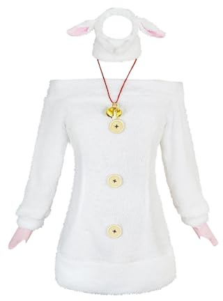 Noowye Re:0 Anime REM/Remu Cosplay Kostüm Damen Kleid Weiße Lamm Uniform Komplettes Set Halloween Party Karneval Dress Up Anzug mit Blau Perücke für Frauen