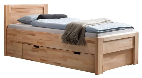 HOMELIV. Ewen Seniorenbett, 90x200 cm, Kernbuche Natur | Kernbuche-Seniorenbett, mit Schubkästen, mit Stauraum, mit Komforthöhe, mit Auflageleisten, belastbar bis 160 kg, 90x200 cm