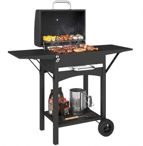 Outsunny Barbecue Carbonella Carrello con 2 Ripiani Laterali Griglia Nero | Barbecue Portatile Affumicatore con Termometro, Coperchio, Ruote, Manico Acciaio Inox, per Giardino Campeggio