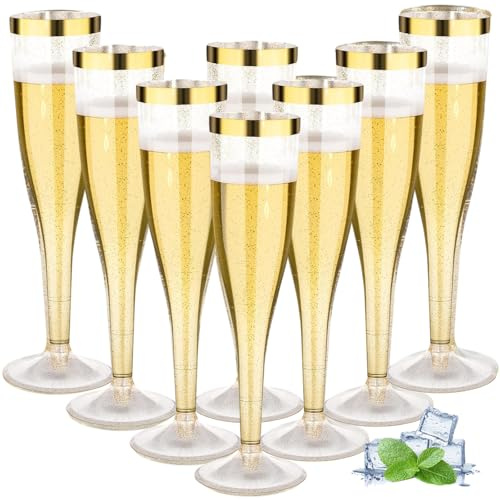 ZkateTrade 50 Stück Sektgläser Plastik, 150ml Champagner Gläser mit Goldrand und Goldglitter aus Kunststoff, Sektglas Plastik Mehrweg für Mimosa Bar Hochzeit Party Picknick im Freien