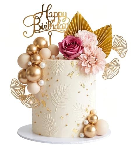 22 Pcs decoration gateau anniversaire, Décoration de Gâteau bohème, Fleurs, Feuilles de palmier, boules blanches et dorées, deco gateau anniversaire Pour Anniversaire Mariage Baby Shower