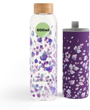waterdrop® Flasche aus Glas 600ml - Trinkflasche Kohlensäure geeignet, spülmaschinenfest - auslaufsichere Wasserflasche mit Neoprenhülle - Borosilikat Glasflasche mit Schraubverschluss