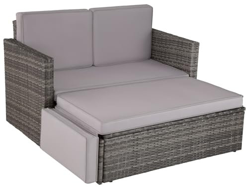 tectake® Salon de Jardin Exterieur en Poly Rotin Modulable Bain de soleil 2 Places 1 Canapé et 1 Tabouret Pouf avec Repose-pieds inclinable, Mobilier de Jardin pour Amenagement Balcon Terrasse Veranda