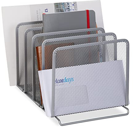 Relaxdays, silber Katalogsammler, 5 Fächer, freistehender Dokumentenhalter aus Metall, Mesh Design, 19 x 20,5 x 37,5 cm, Stahl, Dokumenten-Organizer mit 5 Ablagen