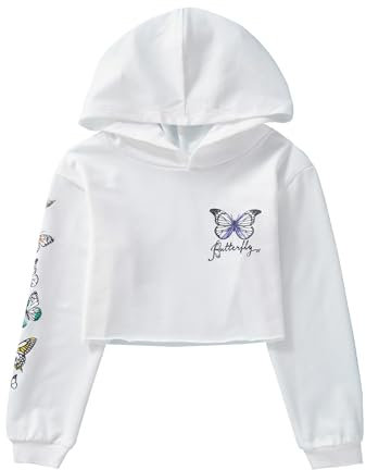 IEFIEL Sweat-Shirt à Capuche Enfant Ado Filles Papillon Chemise à Manches Longues Crop Tops Tee Shirt Pullover Capuche Printemps Ete Streetwear Blanc 11-12 Ans