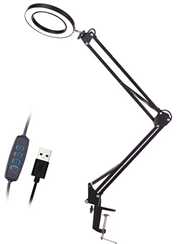 Geevorks Magnifying Lamp,2-in-1 LED Magnifying Lamp with C Clamp,+USB Ports+5X Magnifications+3 Modes Dimmable +10 Levels of Luminance Adjustable+360° Rotatable