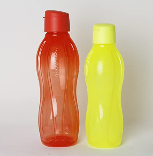 TUPPERWARE EcoEasy Trinkflasche 1L Lachs-Orange Clip + 750ml Neongelb Clip + Kugelschreiber metallic