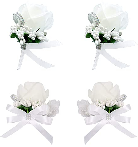 Belvanr Bräutigam Anstecknadel Boutonniere 4 Stück Bräutigam Boutonnièr Ansteckblume Hochzeit Boutonniere Hochzeit Rose Handgelenk Blume Hochzeit Künstliche Ansteckblume Braut Blumen Corsage