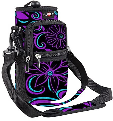 AUPET Water Bottle Sling Bag Sleeve Holder Carrier 25/32/40/64 oz,Insulated Crossbody Water Bottle Case Cover with Strap and Pockets for Men/Women Walking Hiking Camping (64oz, purple flower)