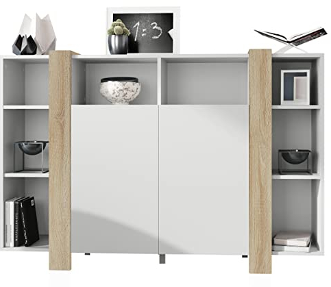 Vladon Highboard Ida, Made in Germany, Anrichte mit 12 Fächern, Korpus in Weiß matt, Blenden in Eiche sägerau (149 x 101 x 34 cm) | Große Farbauswahl
